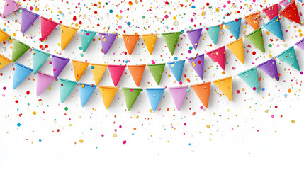 colorful birthday banner with bunting flags and confetti on white background