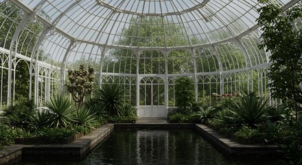 Victorian greenhouse interior with lush plants