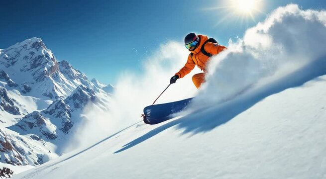 A thrilling 4K action sequence capturing a skier in bright orange gear carving through fresh powder on a steep alpine slope. The snow sprays dramatically with each turn, the sun glistens overhead, and