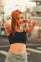 woman red hair in the street