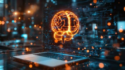 A glowing brain graphic displayed on a laptop screen, overlaid with digital code and lights - Powered by Adobe