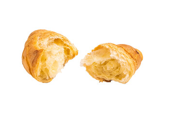 Broken French croissant  isolated on white background, top view.