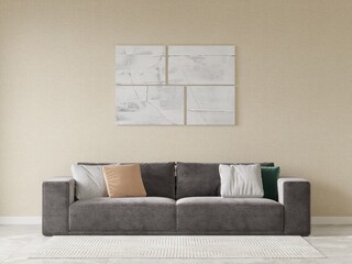 Mock up of a fashionable living room with a gray comfortable sofa and a stylish decorative background, 3D rendering.