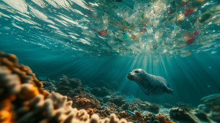 Fototapeta premium A powerful visual highlighting marine pollution, featuring a seal beneath a surface littered with plastic waste — raising awareness about ocean conservation and environmental damage.