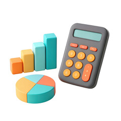 3d isometric financial charts and calculator isolated on transparent background