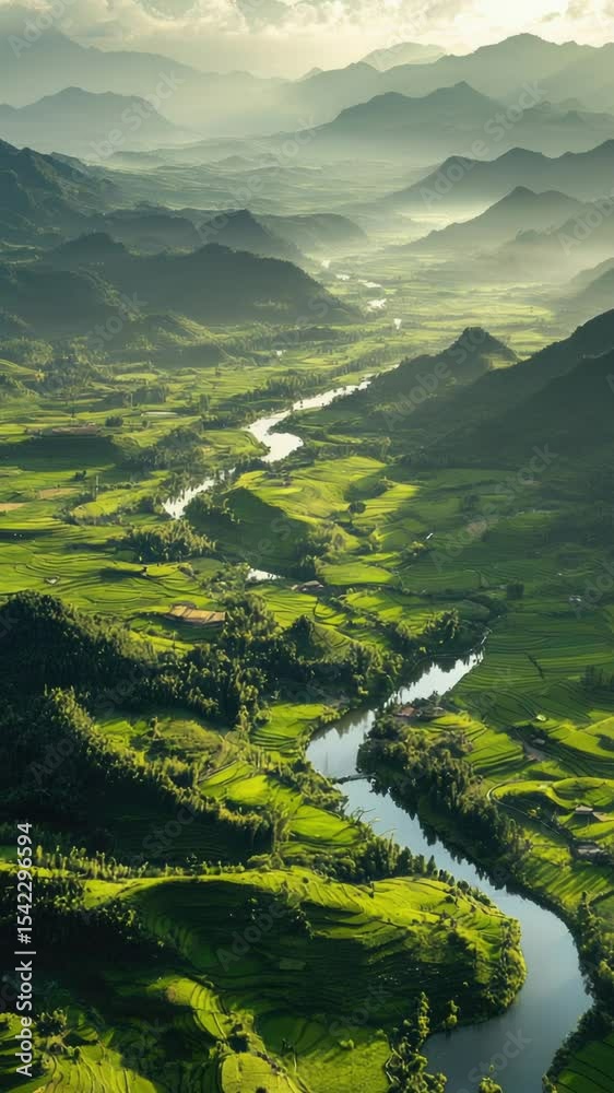 Poster aerial view of a valley with a river flowing through, suitable for use in maps, travel or nature sce
