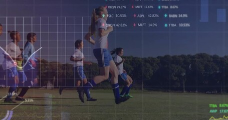 Coach signaling start and female soccer players sprinting with analytics overlay tracking metrics - Powered by Adobe