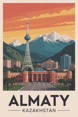 Vintage Travel Poster of Almaty TV Tower and Mountain Skyline, Kazakhstan

