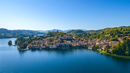 Fototapeta premium Aerial view of the picturesque village of Orta San Giulio on Lake Orta with calm waters, clear skies