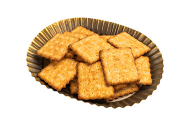 Heap of square Wholemeal salt crackers isolated on white background, top view.