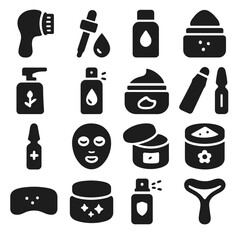 Facial Skincare Icons. Solid style icons of facial skincare routine: cleansing brush tool, facial oil dropper, pH balancing toner,
