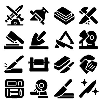 Blade Sharpening Icons. Solid style icons of blade sharpening: sword sharpening on wheel, blade being aligned on jig, double-sided