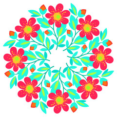 Cute bouquet of flowers in folklore style. Bright positive round plant ornament. Summer floral mandala. Design element of red blue flowers on white background