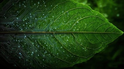 Close-up of a vibrant green leaf with detailed texture combining natural and technological elements in harmony