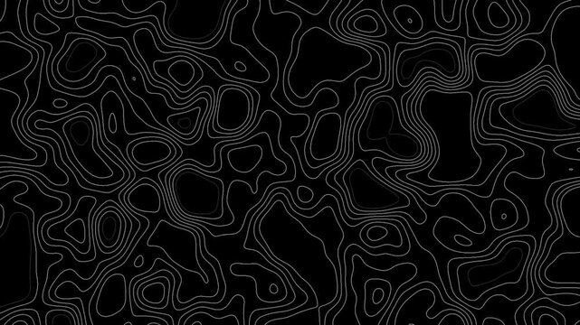 4K animated black topographic map background featuring smooth, flowing contour lines. Topographic map. Abstract animated outline topographic contour map. graphic elements, background patterns