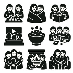 Cozy Family Activities. Solid style icons of cozy family time: board game, shared blanket, family reading, movie night, popcorn