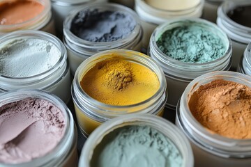 Samples of various face masks in jars, with textures visible on the lids, arranged aesthetically