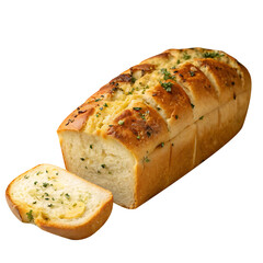 Delicious Garlic Bread Loaf with Slice on Black Background