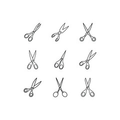 Set of 9 Scissors. cuticle-scissors, embroidery-scissors, office-scissors, surgical-scissors and More Line Art vector