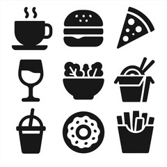Food and Drink Icons. Solid style icons of food and drink: coffee cup, burger icon, pizza slice, wine glass, salad bowl, noodle