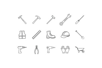 Set of 15 Construction Tools and Safety Equipment. brick hammer, claw hammer, combination wrench, ruler, safety helmet, cutting pliers, Safety Gloves, wheelbarrow and More Line Art vector