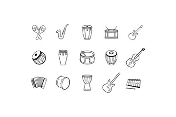 Set of 15 Musical Instrument. maracas, accordion, conga, drum, mridangam, conga, snare drum, xylophone, electric guitar, saxophone and More Line Art vector
