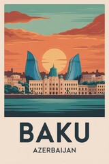 Vintage Travel Poster of Baku Skyline with Flame Towers, Azerbaijan

