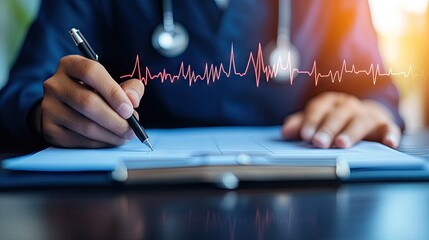 Doctor's hands writing on medical chart with heart rate graph overlay.