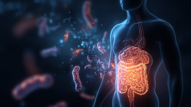 Human silhouette displays glowing brain and stomach connection surrounded by microscopic gut bacteria