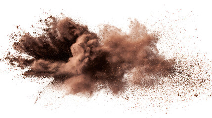 Deep brown powder dust explosion isolated on a white background
