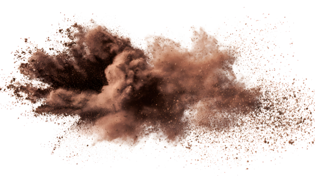 Deep brown powder dust explosion isolated on a white background