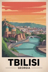 Vintage Travel Poster of Tbilisi Riverfront and Bridge of Peace, Georgia


