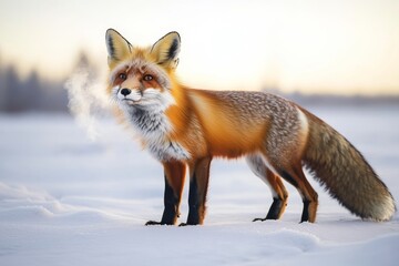 Fototapeta premium A wild red fox remains alert in a frost-covered field during dawn. Its breath is visible in the cold air, highlighting the chill of the morning. The serene landscape enhances the moment