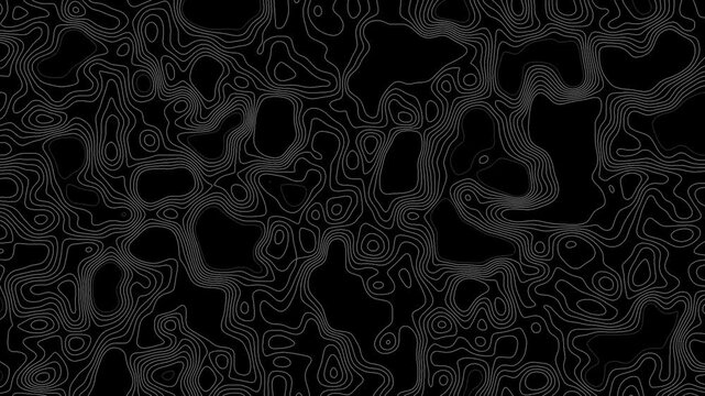 4K animated black topographic map background featuring smooth, flowing contour lines. Topographic map. Abstract animated outline topographic contour map. graphic elements, background patterns
