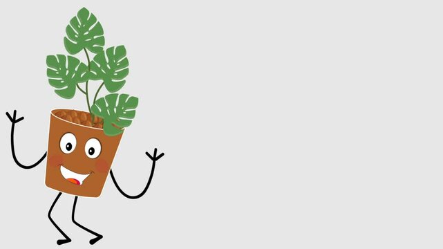 Animated cute plant mascot in a pot with various expressions and looping motions. Perfect for eco, nature, green lifestyle, and environmental projects. 2D flat vector animation in seamless loop.