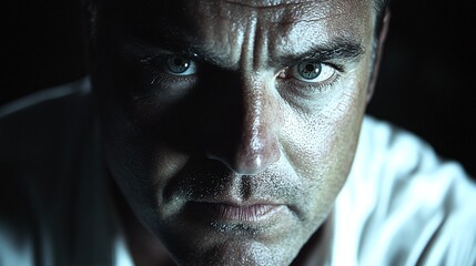 Closeup Portrait Of A Person With Intense Expression In Low Light