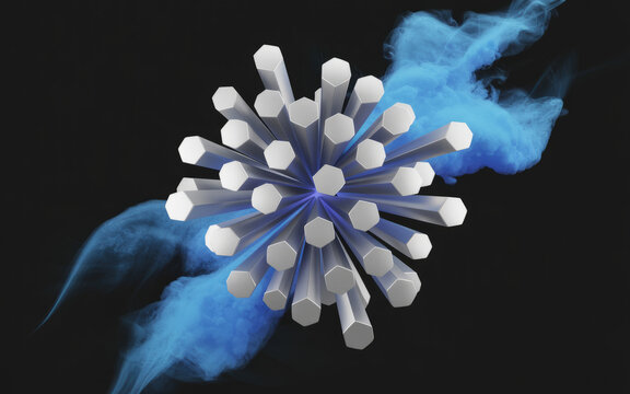 Abstract Hexagon Burst: An abstract composition featuring white hexagon in radial pattern bursting forth against a dark backdrop with swirls of blue vapor or fog.