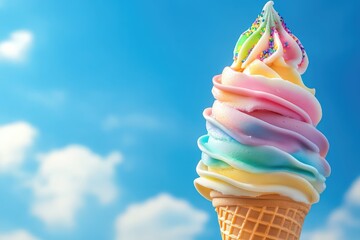 Soft serve ice cream cone with rainbow sprinkles, set against a bright blue sky