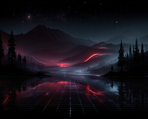 Nighttime mountain landscape with glowing reflections