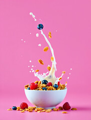 Delicious Granola with Berries and Milk Splash A Healthy Breakfast Delight