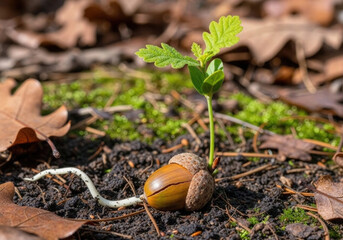 Oak seedling growing from acorn &mdash; symbol of growth, renewal, ecology and forest restoration. Great in eco campaigns, education, sustainability reports, tree planting visuals.