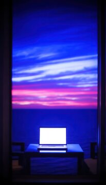 Fototapeta Laptop at sunset seen through a window