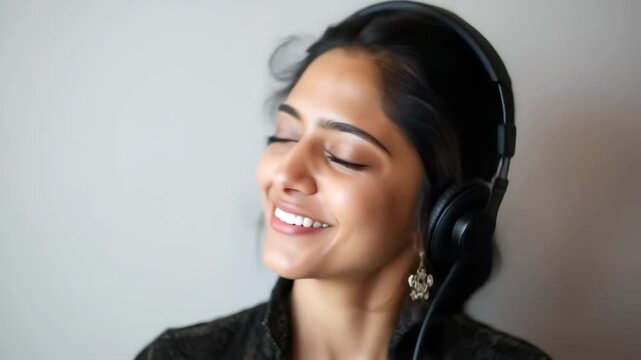 Joyful woman immersed in music with headphones in blissful expression sequence