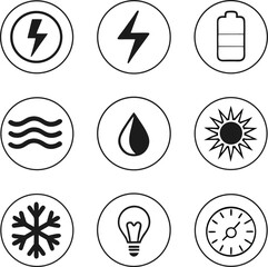 black and white graphic icons,simple illustration style,electricity,lightning bolt,battery,water wave,drop,sun,snowflake,light bulb,clock
