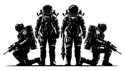 A black and white silhouette of astronauts in spacesuits armed with blasters against a white isolated background. Vector graphics. EPS. © Dzianis
