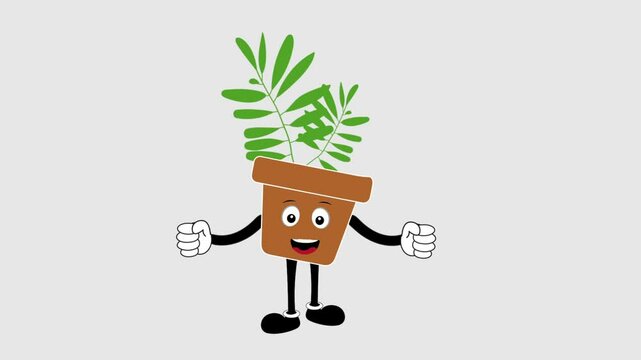 Animated cute plant mascot in a pot with various expressions and looping motions. Perfect for eco, nature, green lifestyle, and environmental projects. 2D flat vector animation in seamless loop.