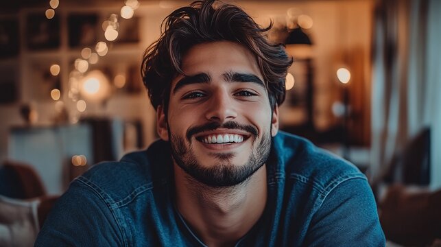 Closeup Portrait Of A Smiling Person With Facial Hair In A Blue Sweater, Warm Interior Lighting