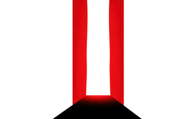 Obraz premium Striking red door stands ajar, casting dramatic shadow on floor, inviting curiosity and exploration. minimalist design and bold color create sense of mystery and intrigue