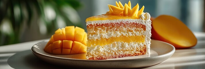 Mango Cream Cake Slice on Ceramic Plate with Glossy Glaze and Fresh Mango Curls