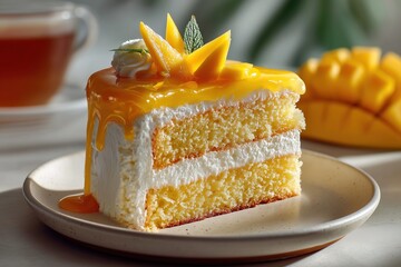 Mango Cream Cake Slice on Ceramic Plate with Glossy Glaze and Fresh Mango Curls